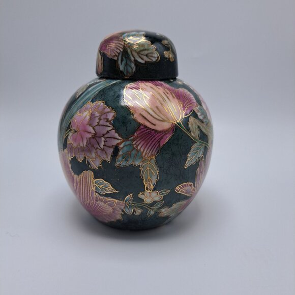 Vintage Cloisonné Style Ginger Jar With Lid Floral Design - Picture 3 of 12